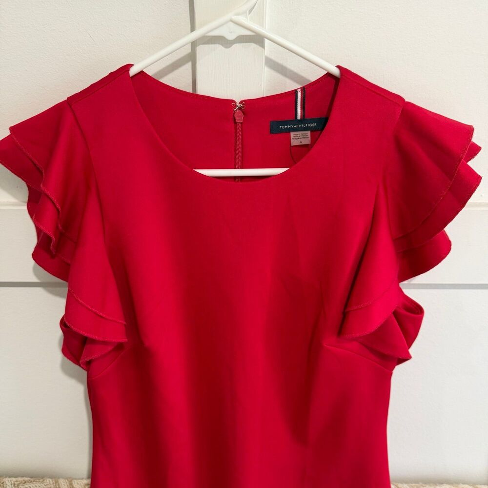 Tommy Hilfiger Scuba Flutter Sleeve Sheath Dress Scarlet - Picture 4 of 8
